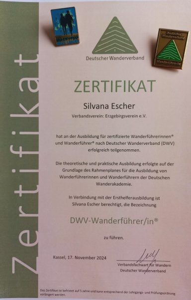 Zertifikat der Wander- und Pilgerakademie Landestourismusverband Sachsen